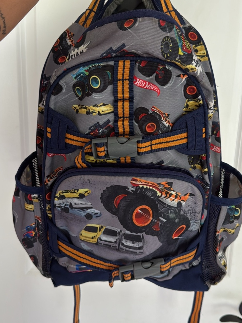 Pottery Barn Kids Gray Backpack with Navy and Orange Monster Truck Print